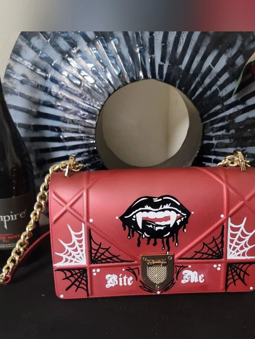 Red Vampire Graphic Chain Shoulder Bag - Bite Me (Handpainted)